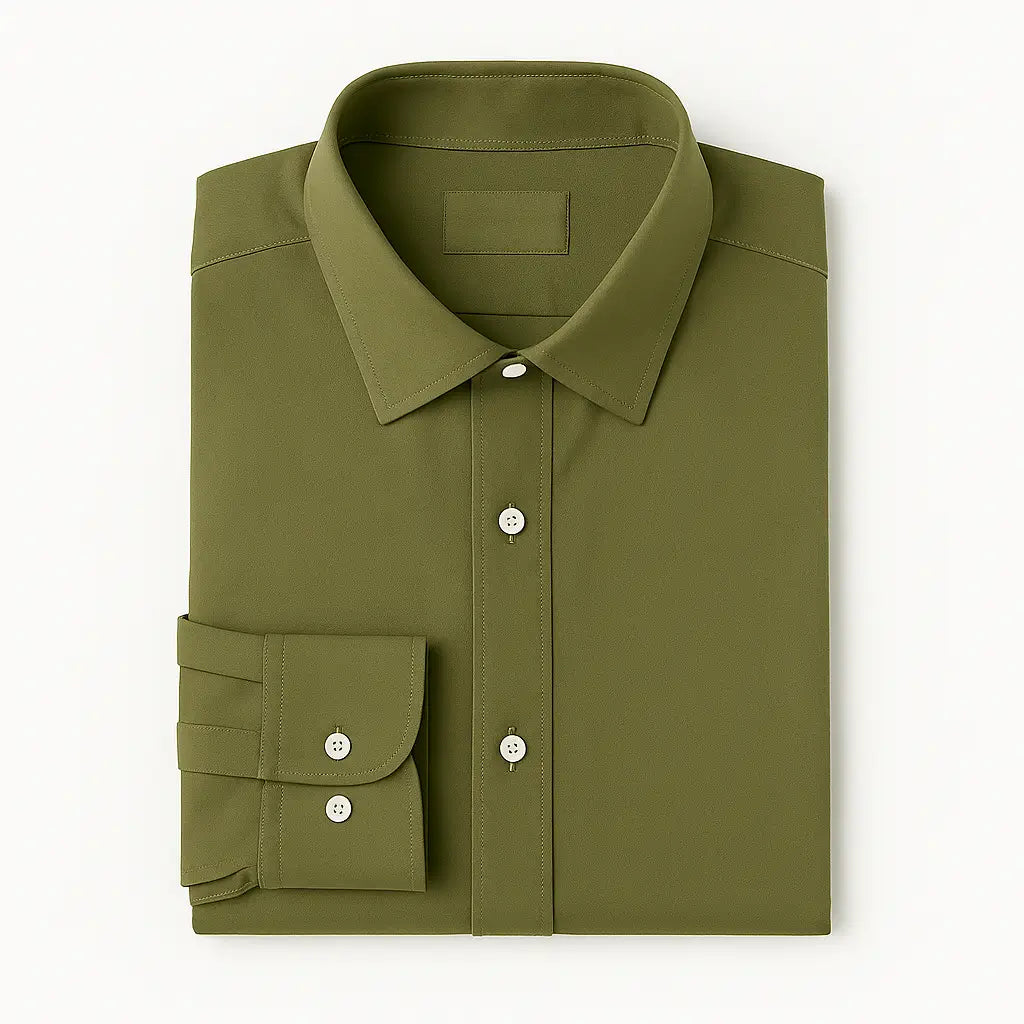 Camisa masculina Oxford verde militar manga longa, com gola colarinho, bolso no peito e botões frontais brancos, estilo casual e elegante.