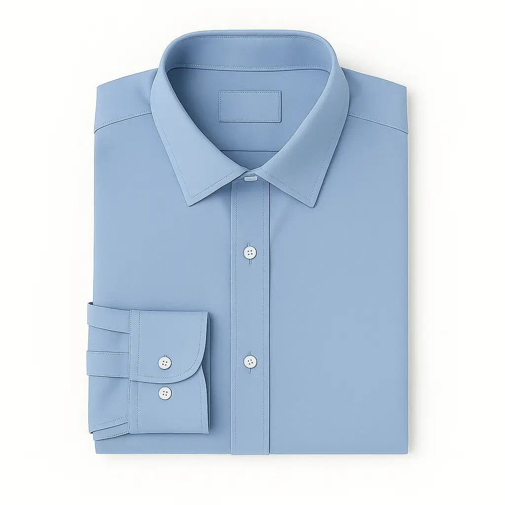 Camisa masculina Oxford azul militar manga longa, com gola colarinho, bolso no peito e botões frontais brancos, estilo casual e elegante.