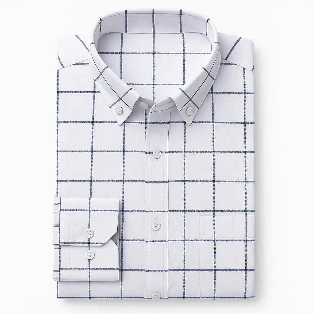 Camisa masculina Oxford xadrez, manga longa, confeccionada em algodão com acabamento elegante.