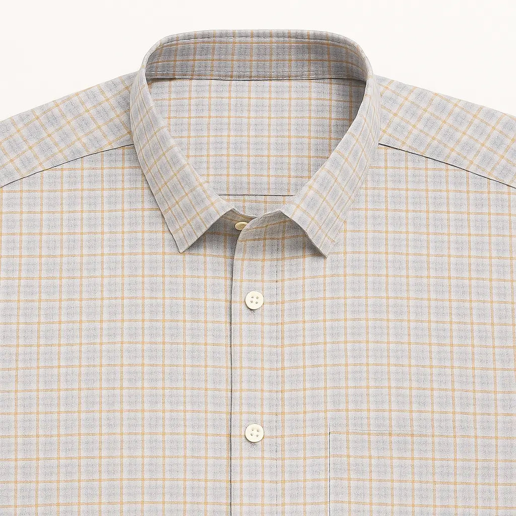 Camisa Xadrez Masculina Oxford Genova em algodão premium, manga curta, padrão xadrez verde com bege, estilo casual elegante.