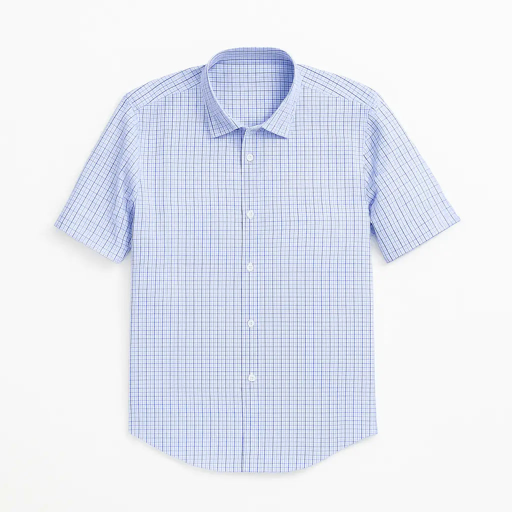 Camisa masculina xadrez manga curta, slim fit, confeccionada em algodão, estilo casual para o verão.