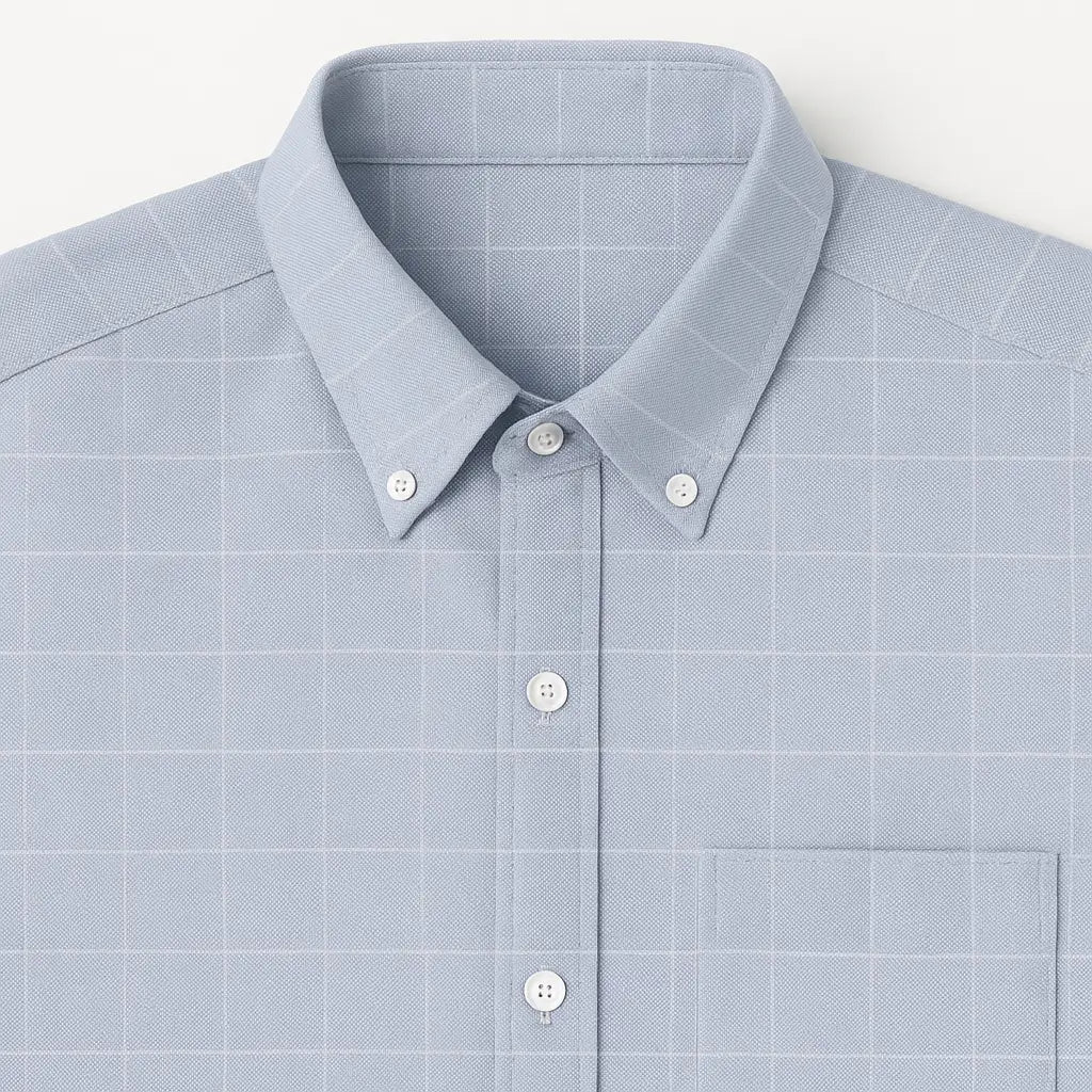 Camisa masculina Oxford cinza, manga longa, 100% algodão, padrão quadriculado discreto e gola abotoada elegante.