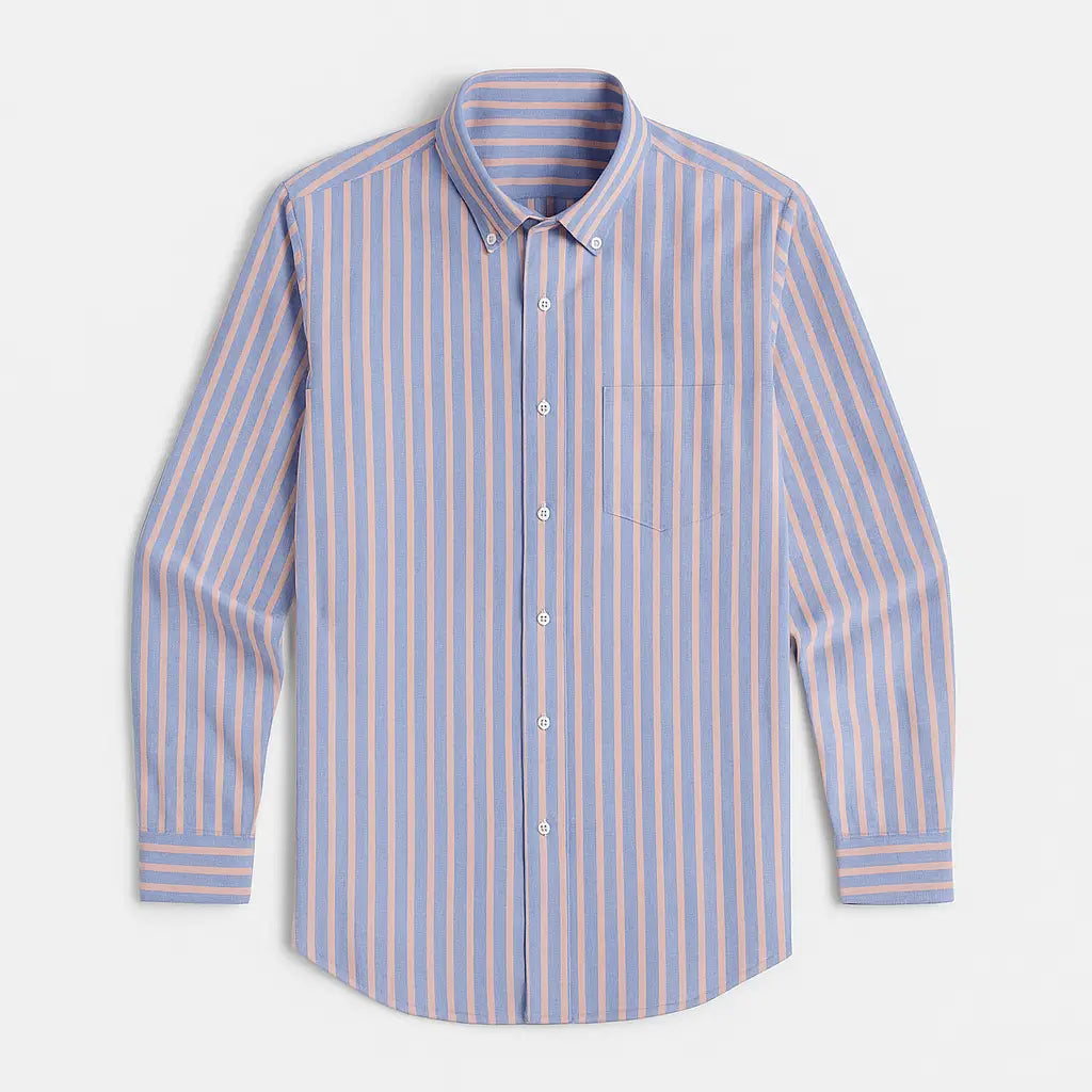 Camisa masculina Oxford listrada, manga longa, 100% algodão, gola abotoada e estilo elegante casual.