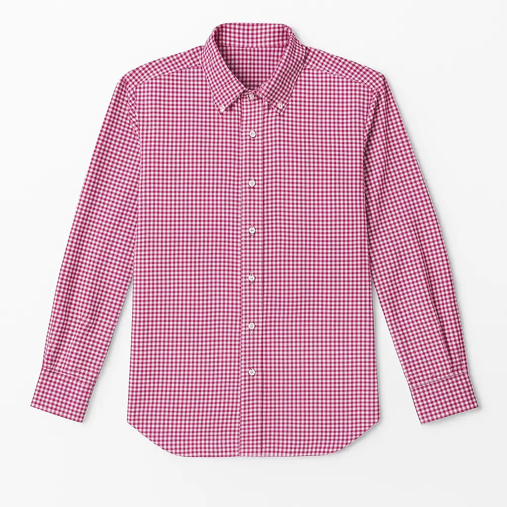Camisa masculina Oxford xadrez vermelho e branco, manga longa, 100% algodão, gola abotoada e estilo clássico casual.