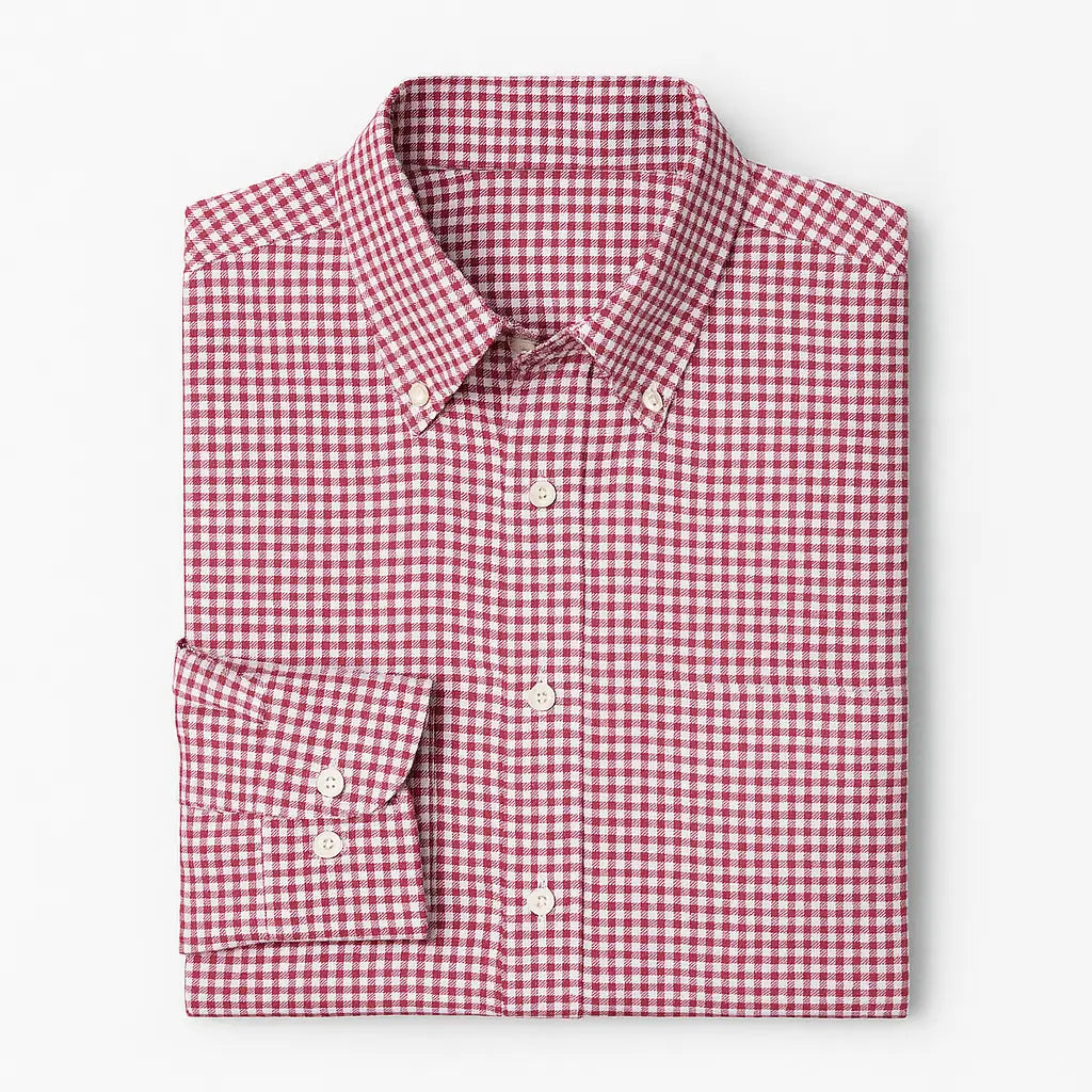 Camisa masculina Oxford xadrez vermelho e branco, manga longa, 100% algodão, gola abotoada e estilo clássico casual.