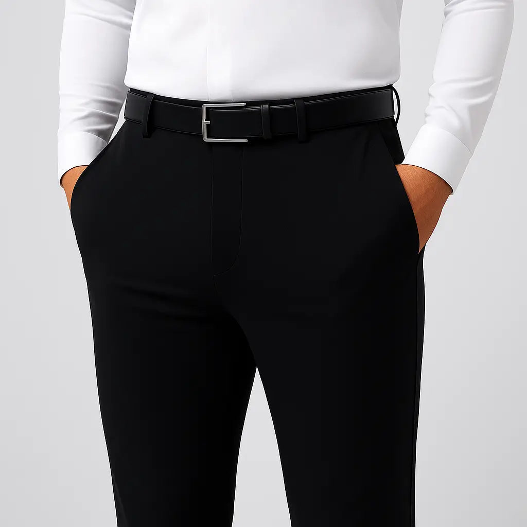Calça Masculina Social MODAL PLUS: leve e respirável, não transparente, com caimento sofisticado. Frescor e conforto em dias quentes.leve e respirável, demonstrando tecido não transparente e caimento sofisticado para o verão.