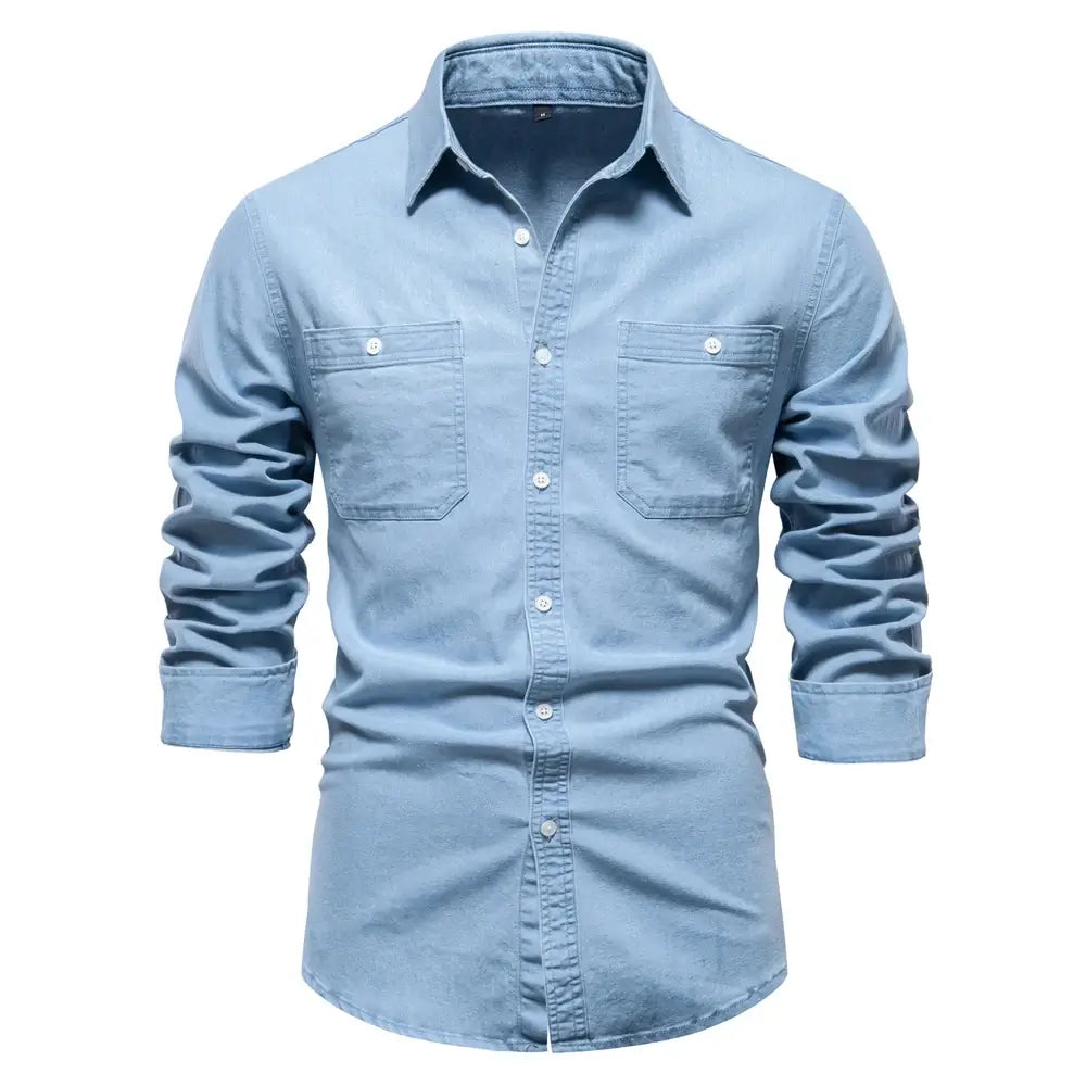 Camisa Masculina Jeans Algodão Denim manga longa e fechamento com botões