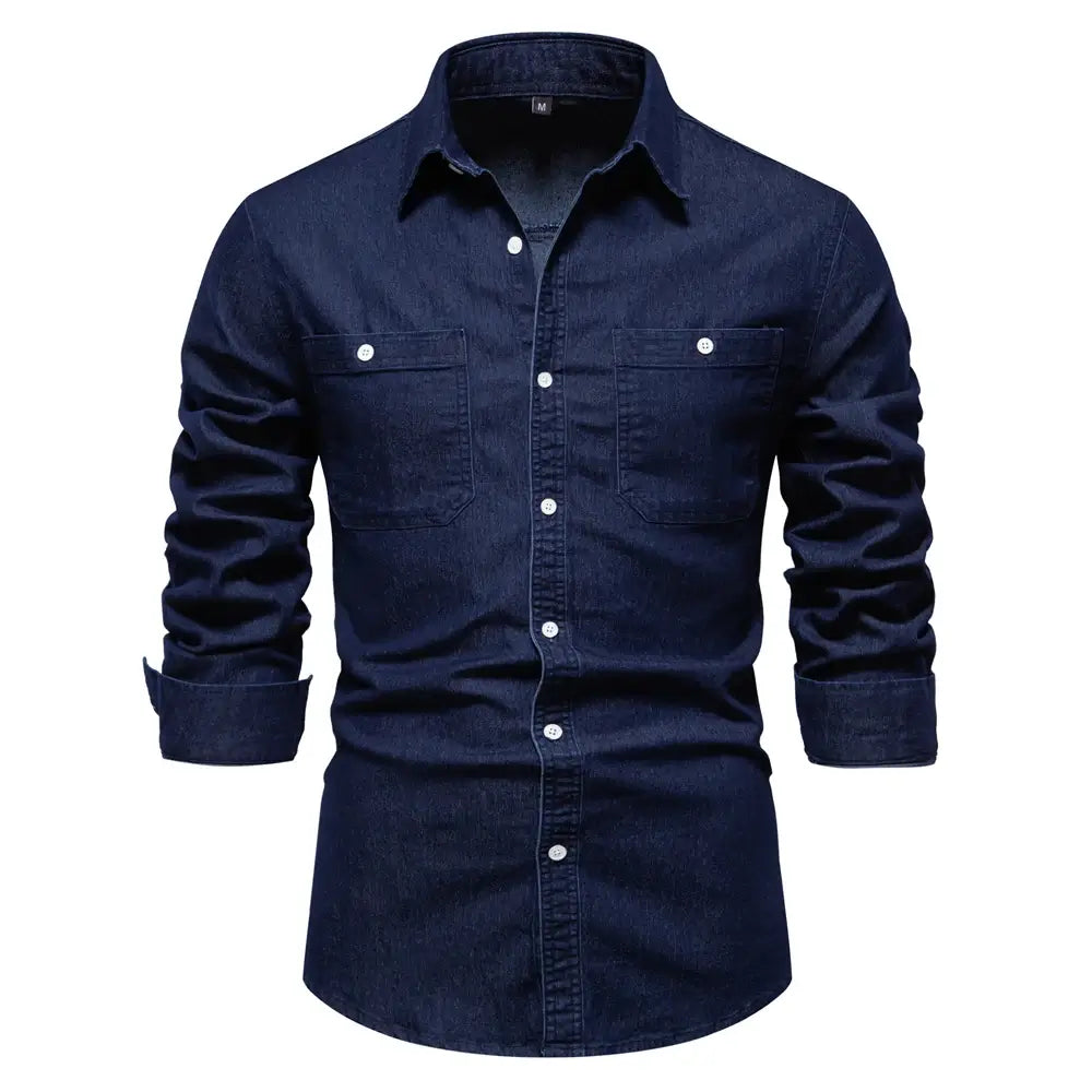 Camisa Masculina Jeans Algodão Denim manga longa e fechamento com botões