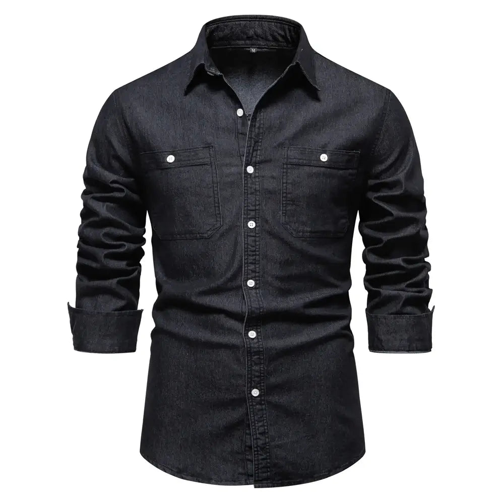 Camisa Masculina Jeans Algodão Denim manga longa e fechamento com botões