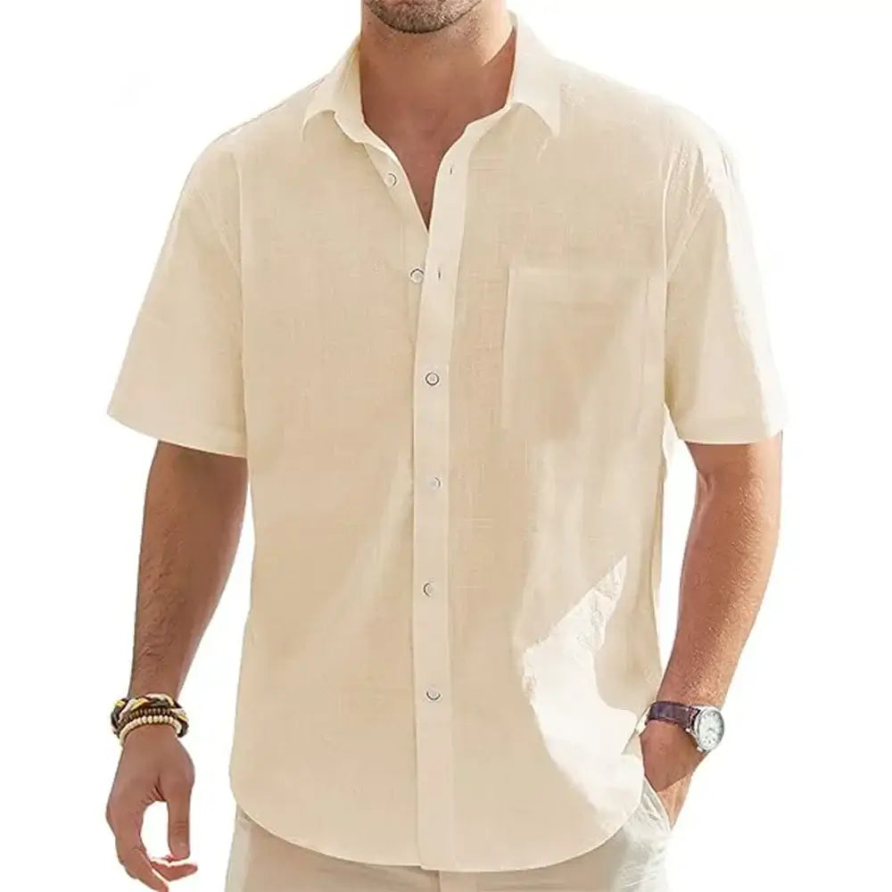 Camisa Masculina 100% Linho De Manga Curta e fechamento em botões
