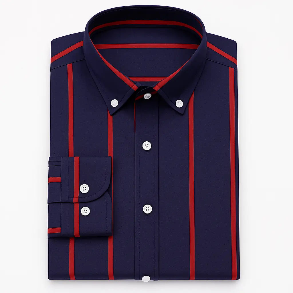 Camisa masculina listrada slim fit em tecido stretch, manga longa, elástica e sem necessidade de passar.