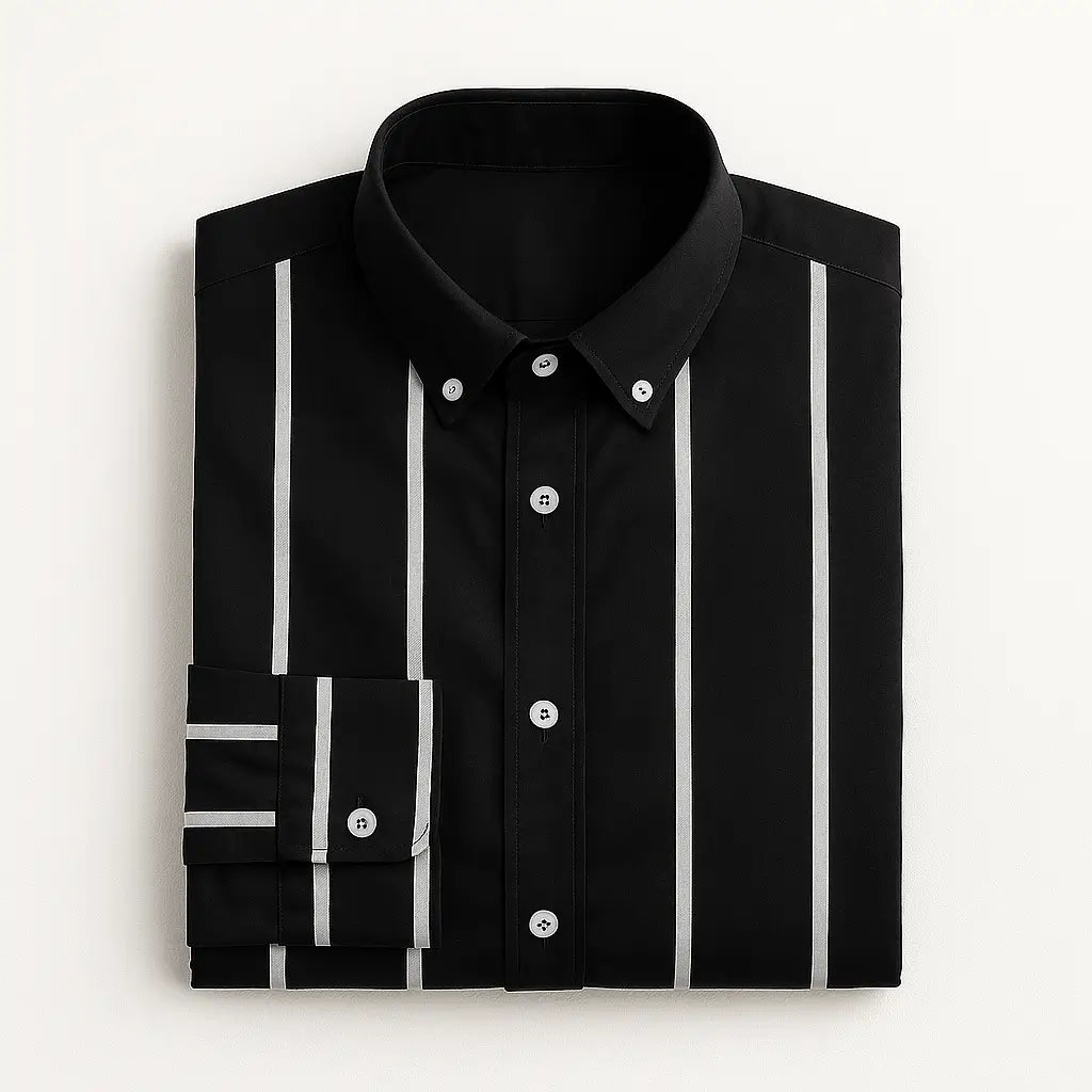 Camisa masculina listrada slim fit em tecido stretch, manga longa, elástica e sem necessidade de passar.