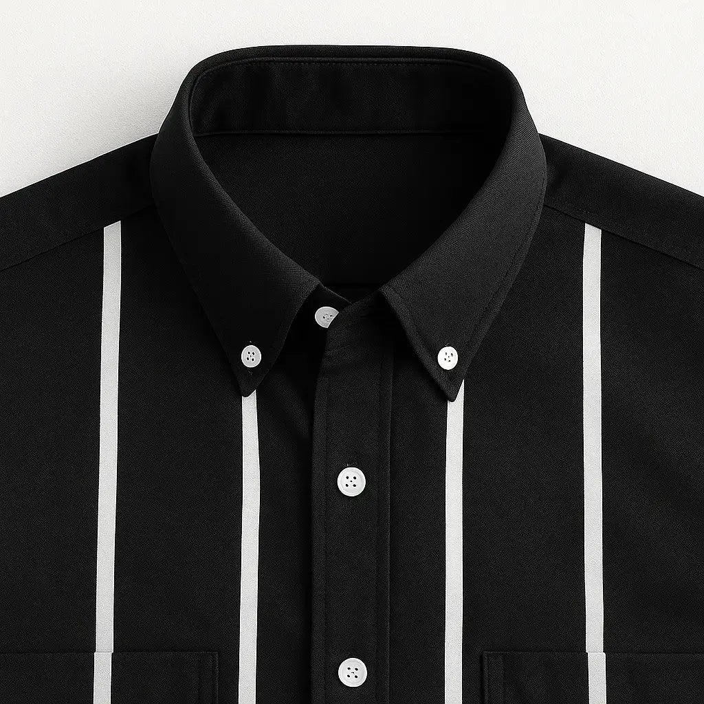 Camisa masculina listrada slim fit em tecido stretch, manga longa, elástica e sem necessidade de passar.