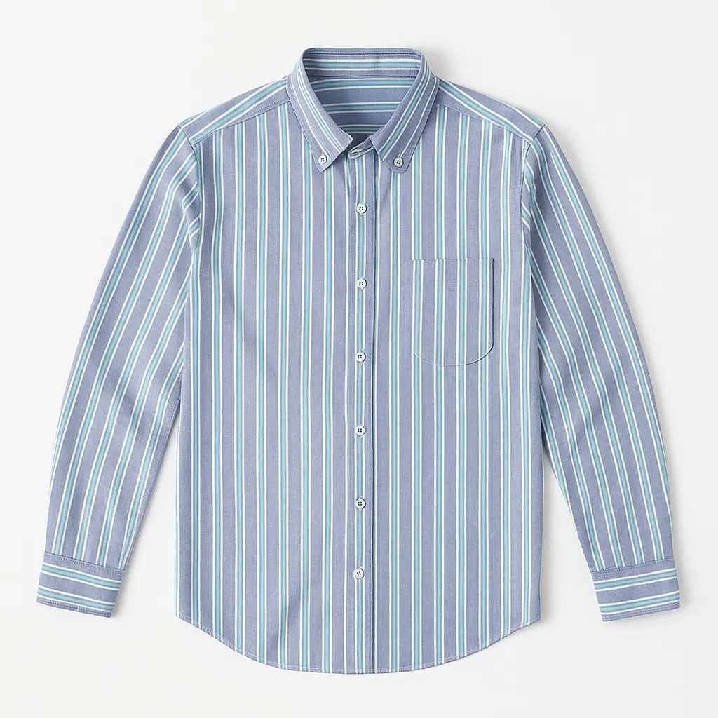 Camisa masculina Oxford listrada em algodão premium, manga longa e bolso discreto.