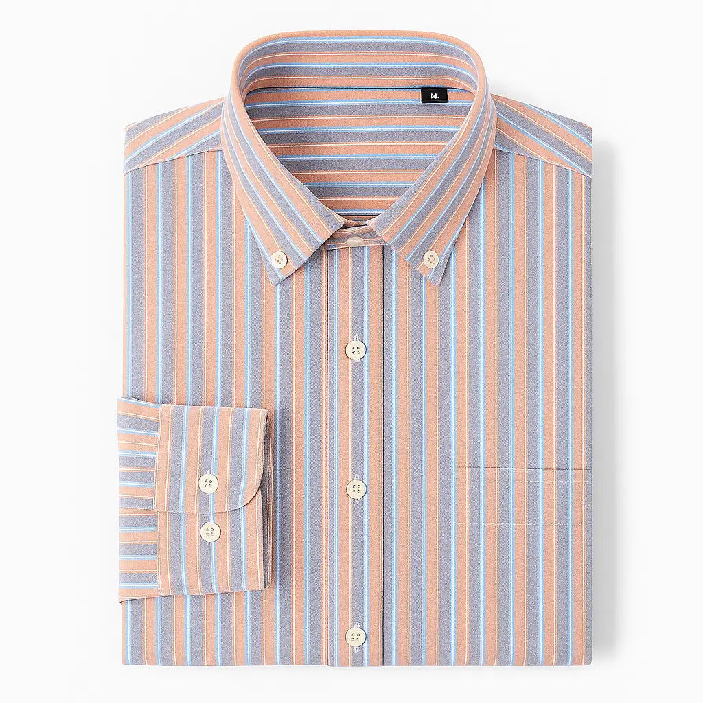 Camisa masculina Oxford listrada em algodão premium, manga longa e bolso discreto.