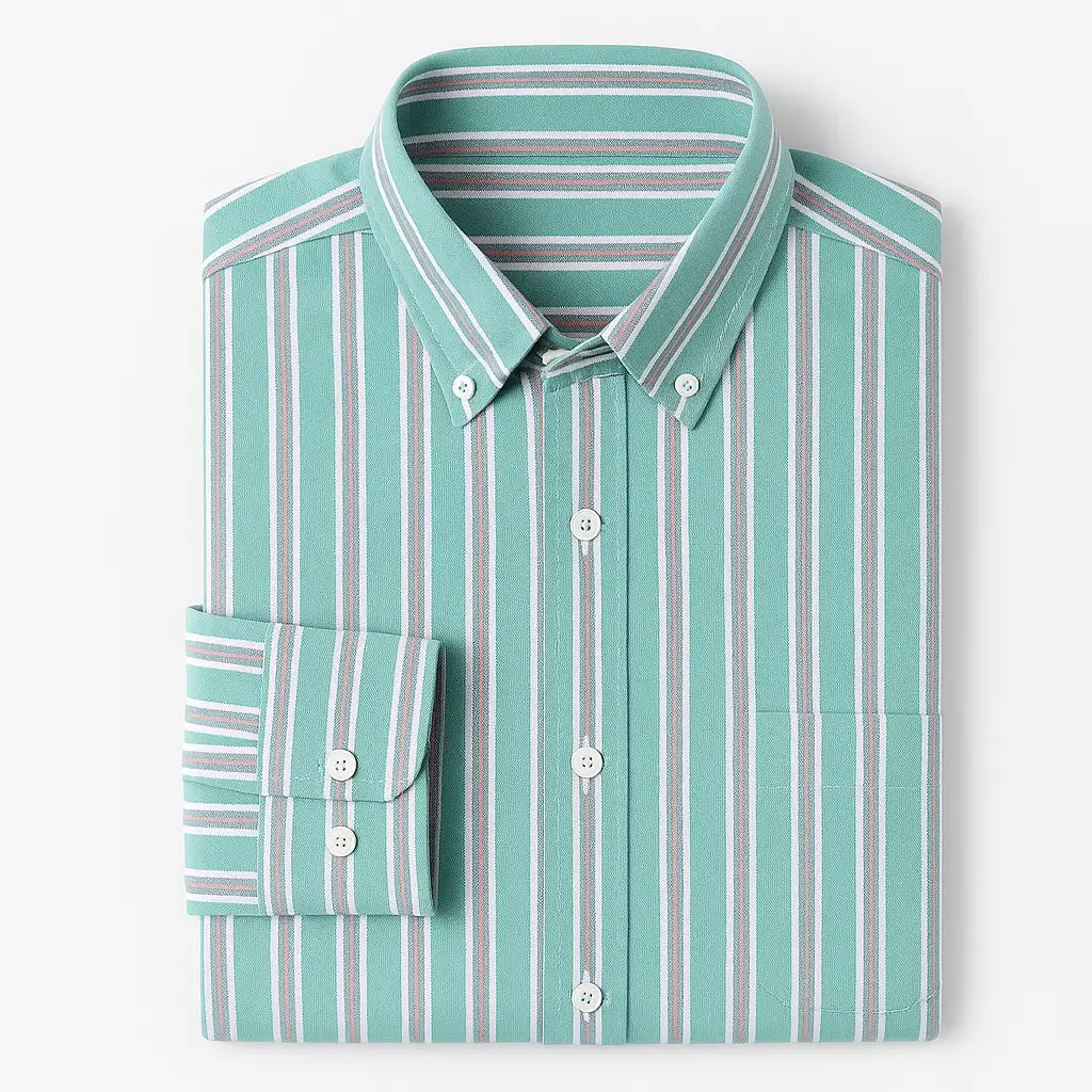 Camisa masculina Oxford listrada em algodão premium, manga longa e bolso discreto.