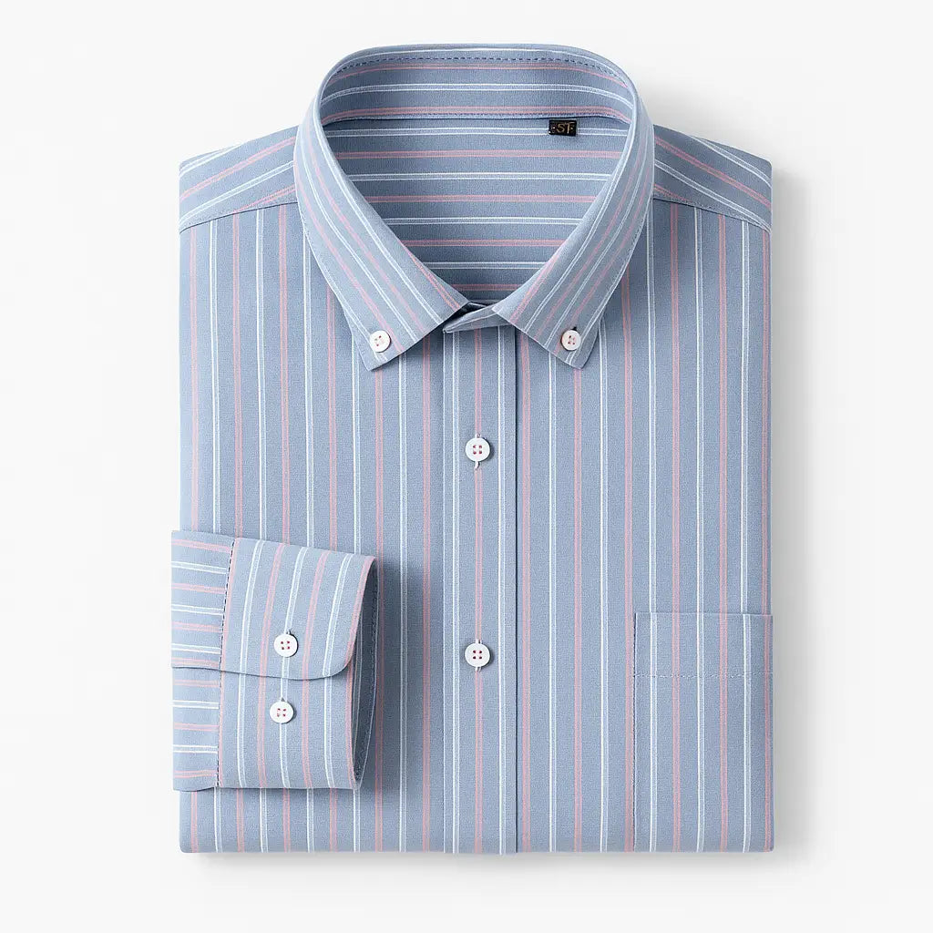 Camisa masculina Oxford listrada em algodão premium, manga longa e bolso discreto.