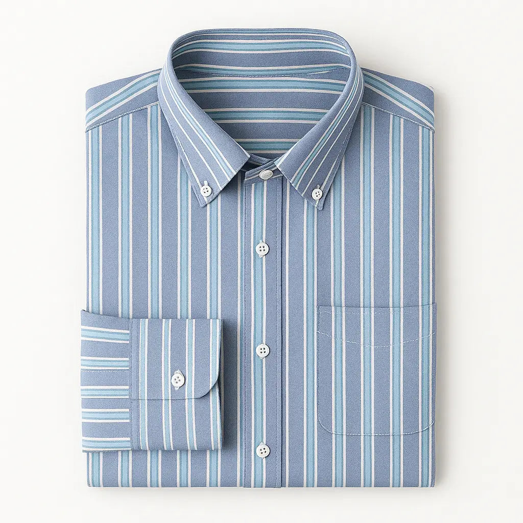 Camisa masculina Oxford listrada em algodão premium, manga longa e bolso discreto.