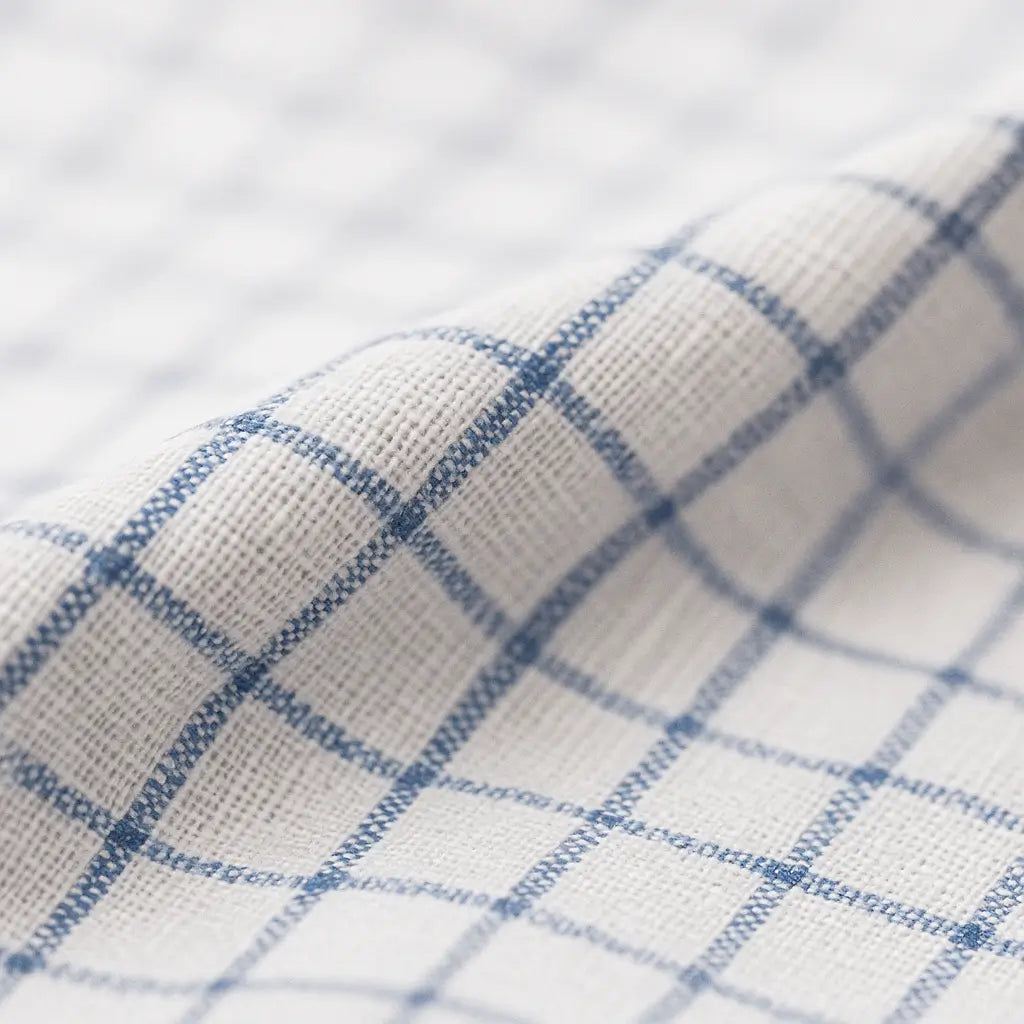 Camisa masculina Oxford xadrez slim fit em algodão premium, manga longa, gola estruturada e padrão quadriculado azul.