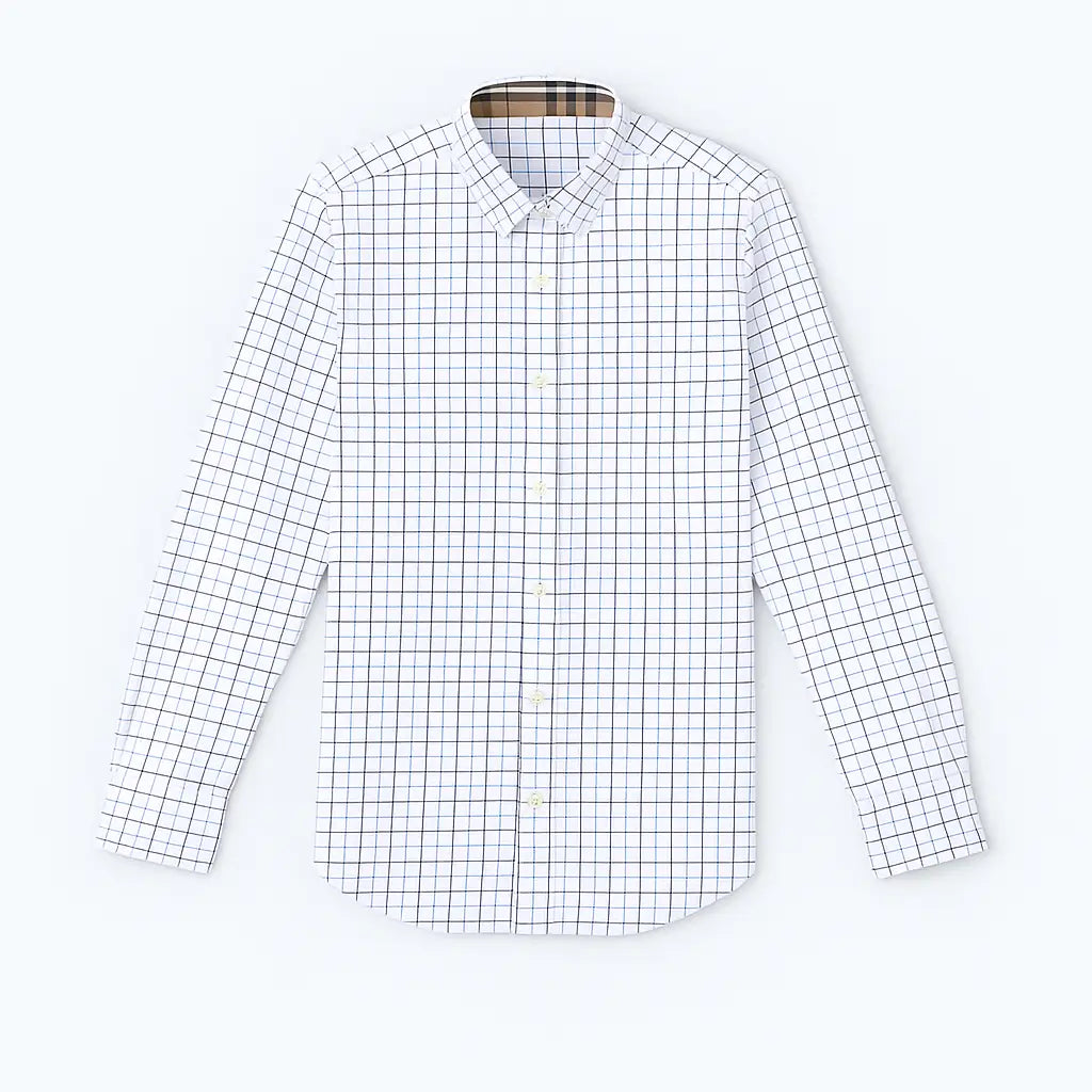 Camisa masculina Oxford xadrez slim fit em algodão premium, manga longa, gola estruturada e padrão quadriculado azul.