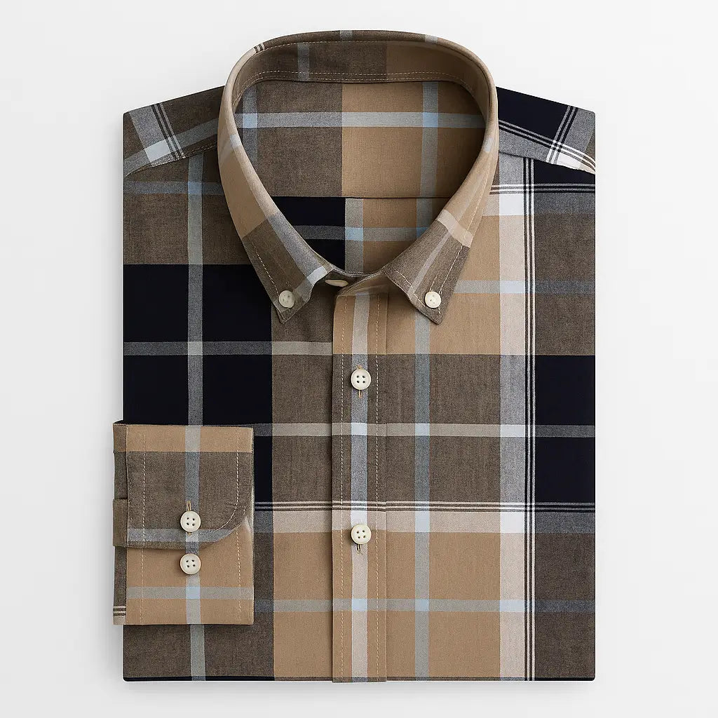 Camisa masculina xadrez , manga longa, algodão e linho, bolso frontal, estilo casual elegante.