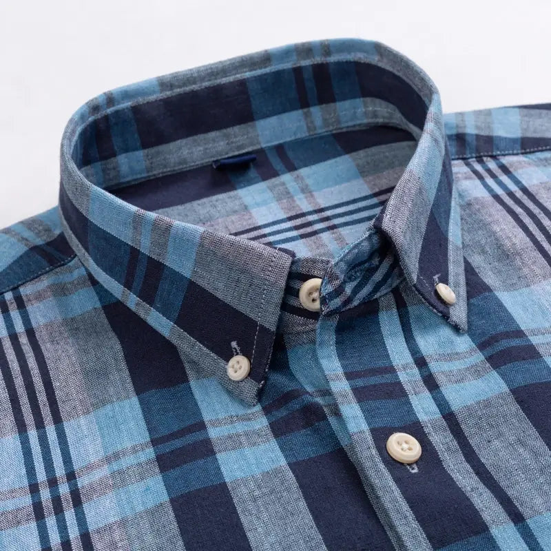 Camisa masculina xadrez , manga longa, algodão e linho, bolso frontal, estilo casual elegante.