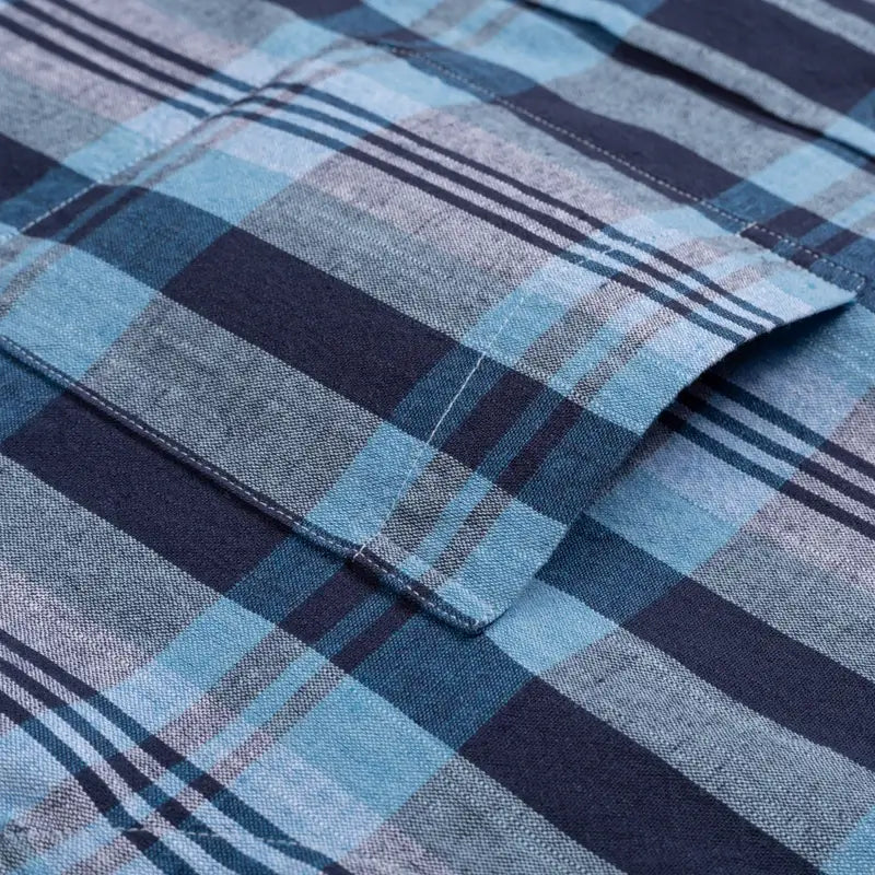 Camisa masculina xadrez , manga longa, algodão e linho, bolso frontal, estilo casual elegante.