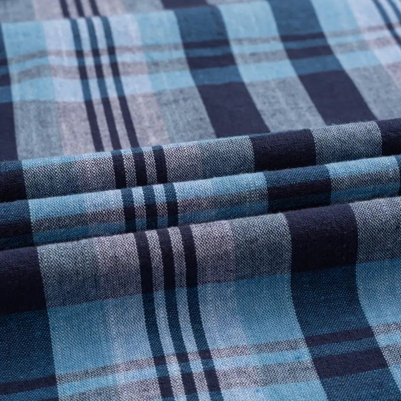 Camisa masculina xadrez , manga longa, algodão e linho, bolso frontal, estilo casual elegante.