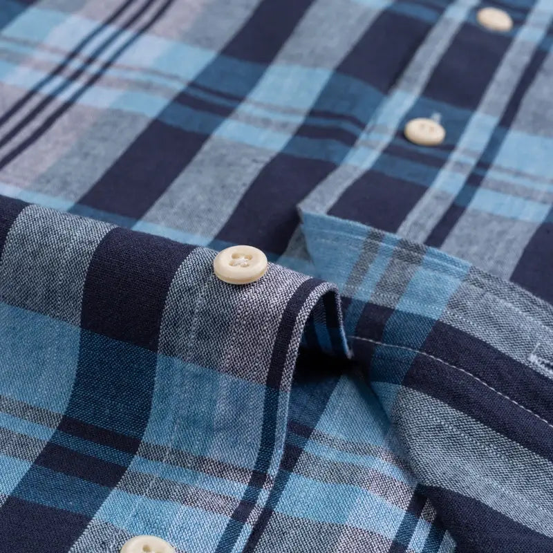 Camisa masculina xadrez , manga longa, algodão e linho, bolso frontal, estilo casual elegante.