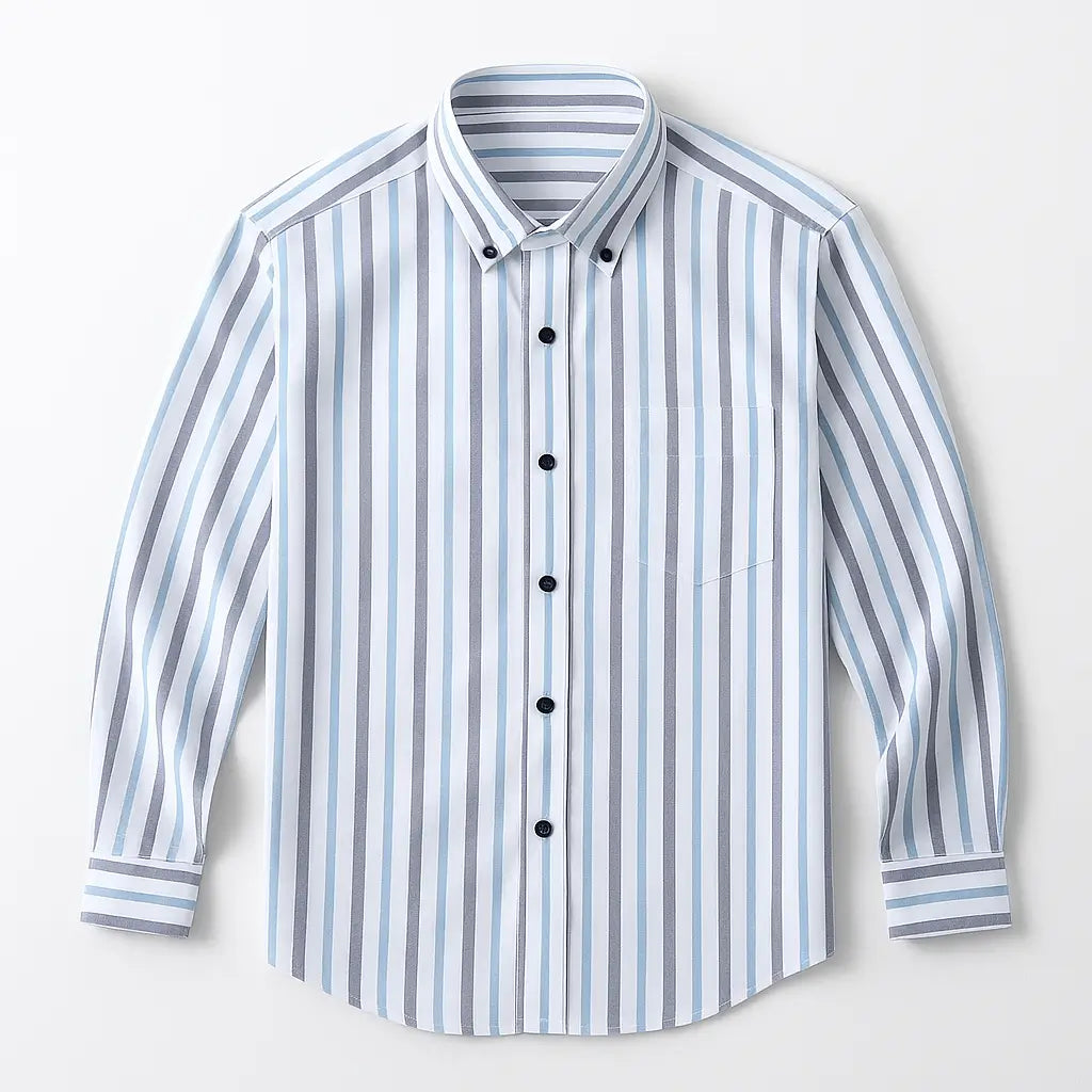 Camisa masculina Oxford listrada slim fit azul em algodão premium, manga longa e bolso discreto.