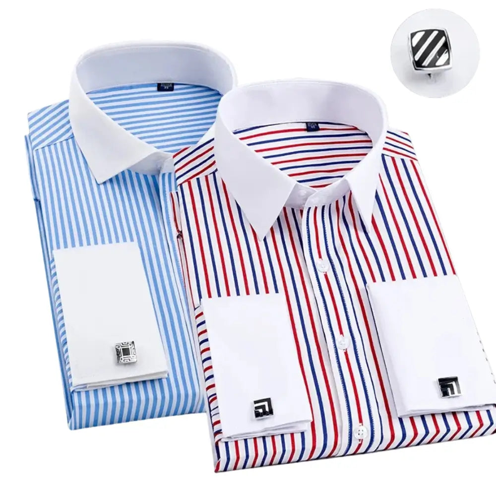 Camisa Social Masculina Listrada manga longa com fechamento em botões e abotoadura nas mangas