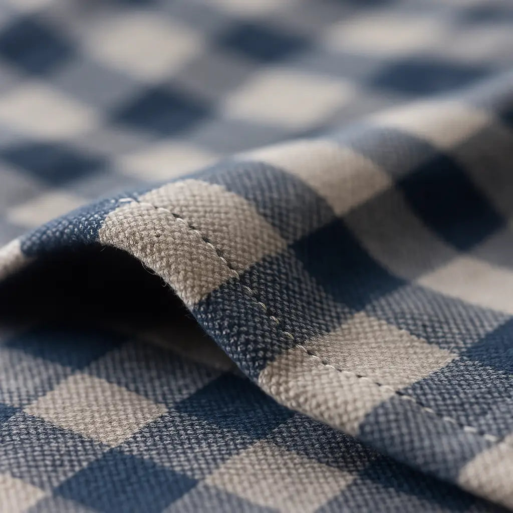 Camisa masculina xadrez slim fit em algodão premium, manga longa, azul e cinza, estilo casual moderno.