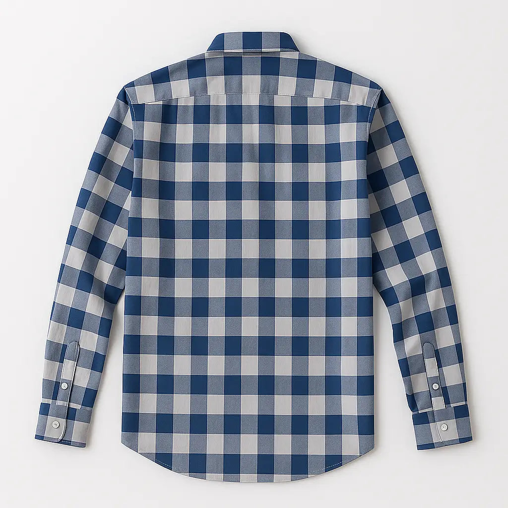 Camisa masculina xadrez slim fit em algodão premium, manga longa, azul e cinza, estilo casual moderno.