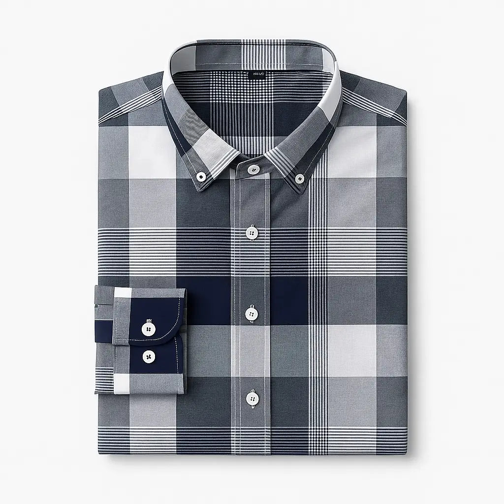 Camisa masculina Oxford xadrez slim fit em algodão premium, manga longa,cinza e branco, estilo casual elegante.