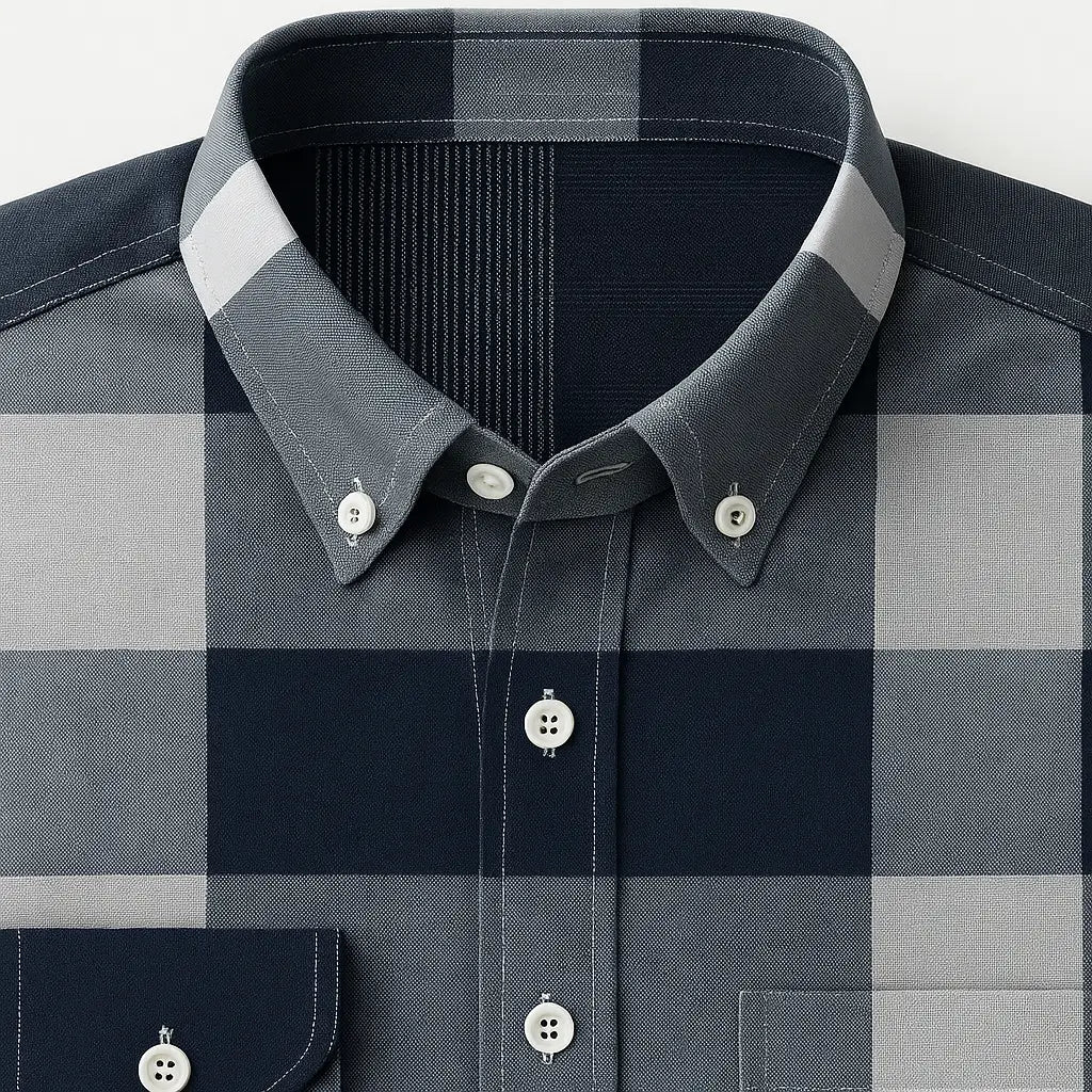 Camisa masculina Oxford xadrez slim fit em algodão premium, manga longa,cinza e branco, estilo casual elegante.