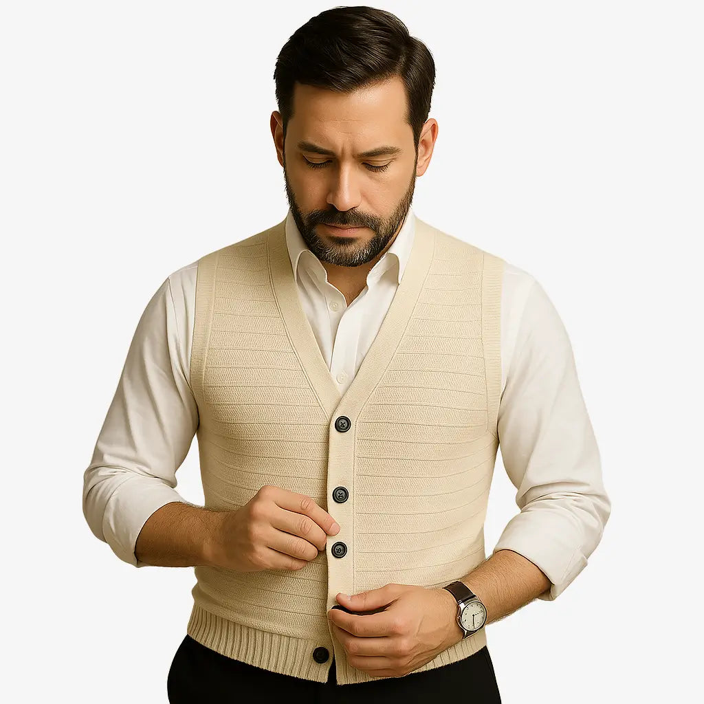 Colete masculino em tricô com gola V e botões. Toque macio e elegante, ideal para sobrepor camisas nos dias frescos de primavera e outono.