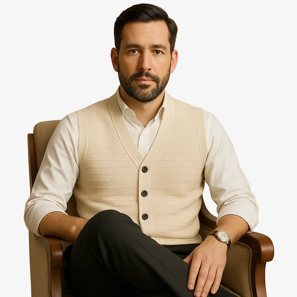 Colete masculino em tricô com gola V e botões. Toque macio e elegante, ideal para sobrepor camisas nos dias frescos de primavera e outono.