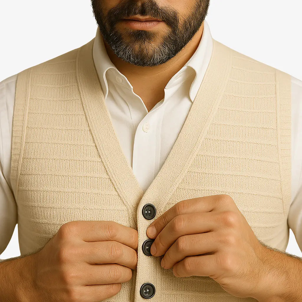 Colete masculino em tricô com gola V e botões. Toque macio e elegante, ideal para sobrepor camisas nos dias frescos de primavera e outono.