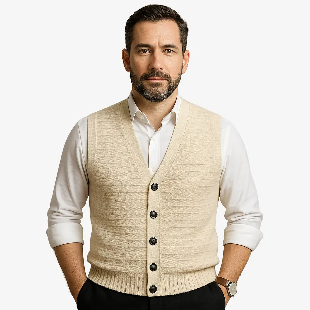 Colete masculino em tricô com gola V e botões. Toque macio e elegante, ideal para sobrepor camisas nos dias frescos de primavera e outono.