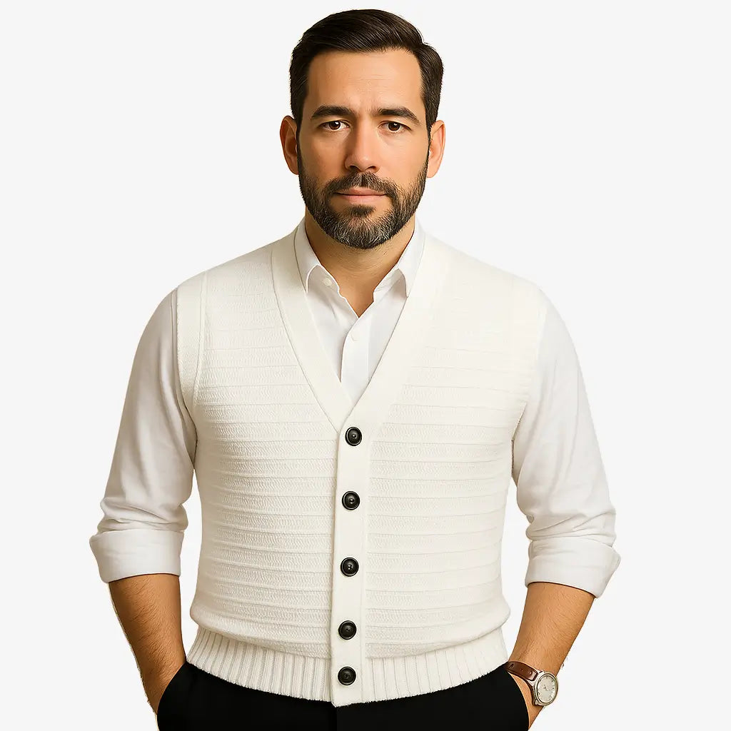Colete masculino em tricô com gola V e botões. Toque macio e elegante, ideal para sobrepor camisas nos dias frescos de primavera e outono.