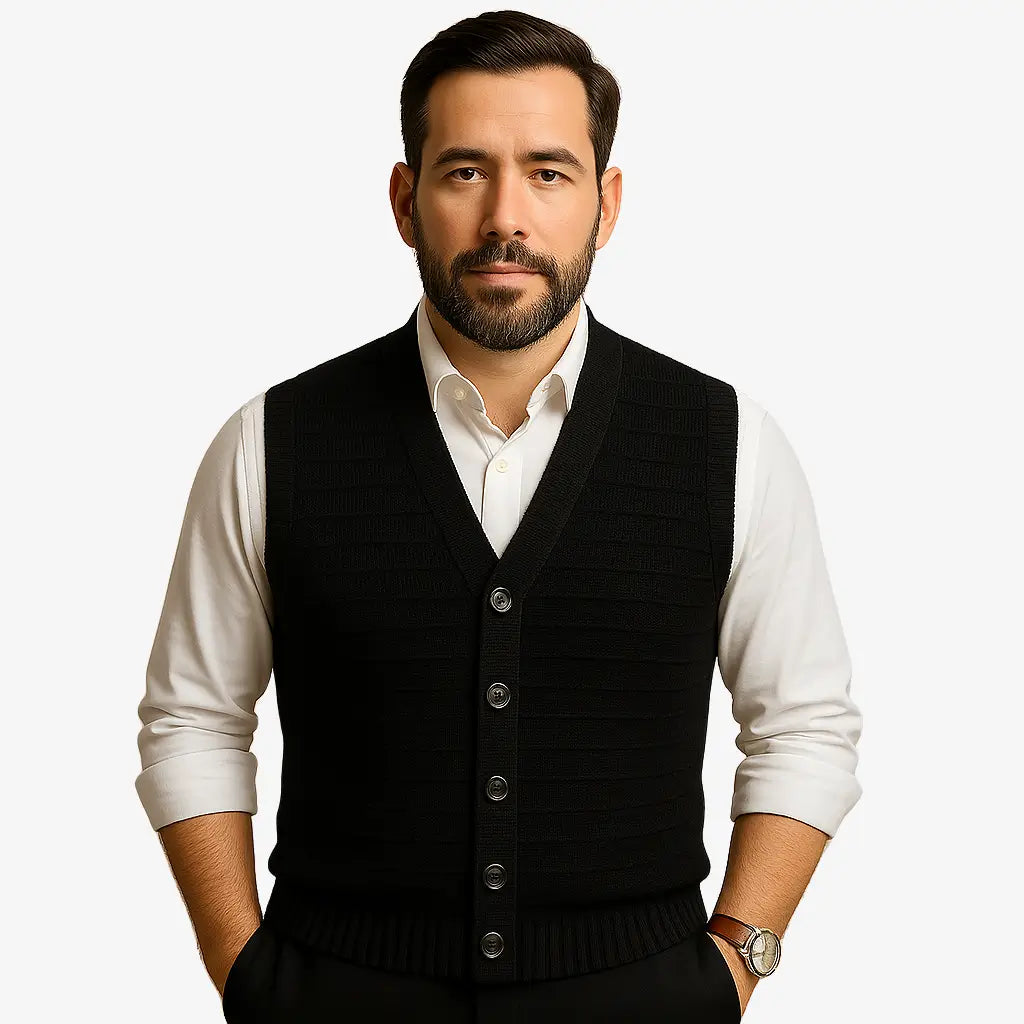 Colete masculino em tricô com gola V e botões. Toque macio e elegante, ideal para sobrepor camisas nos dias frescos de primavera e outono.