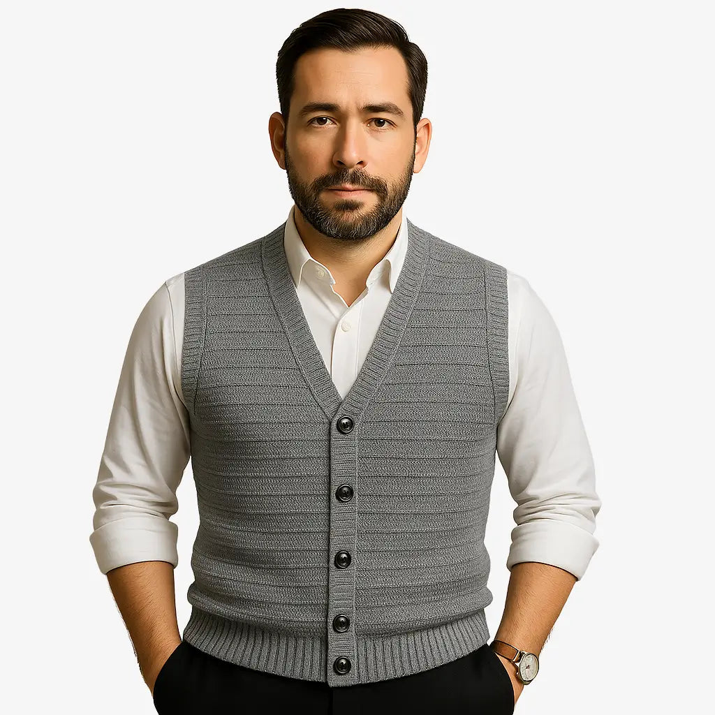Colete masculino em tricô com gola V e botões. Toque macio e elegante, ideal para sobrepor camisas nos dias frescos de primavera e outono.