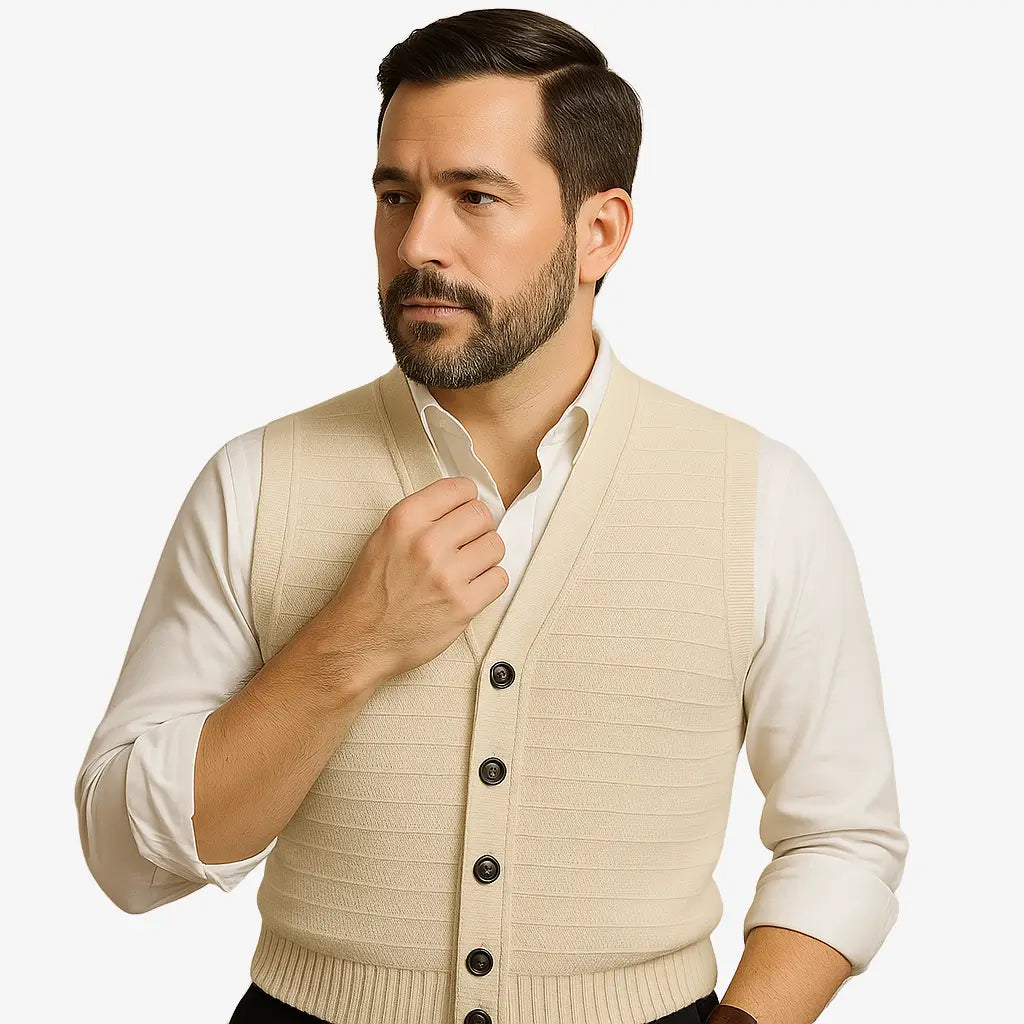 Colete masculino em tricô com gola V e botões. Toque macio e elegante, ideal para sobrepor camisas nos dias frescos de primavera e outono.