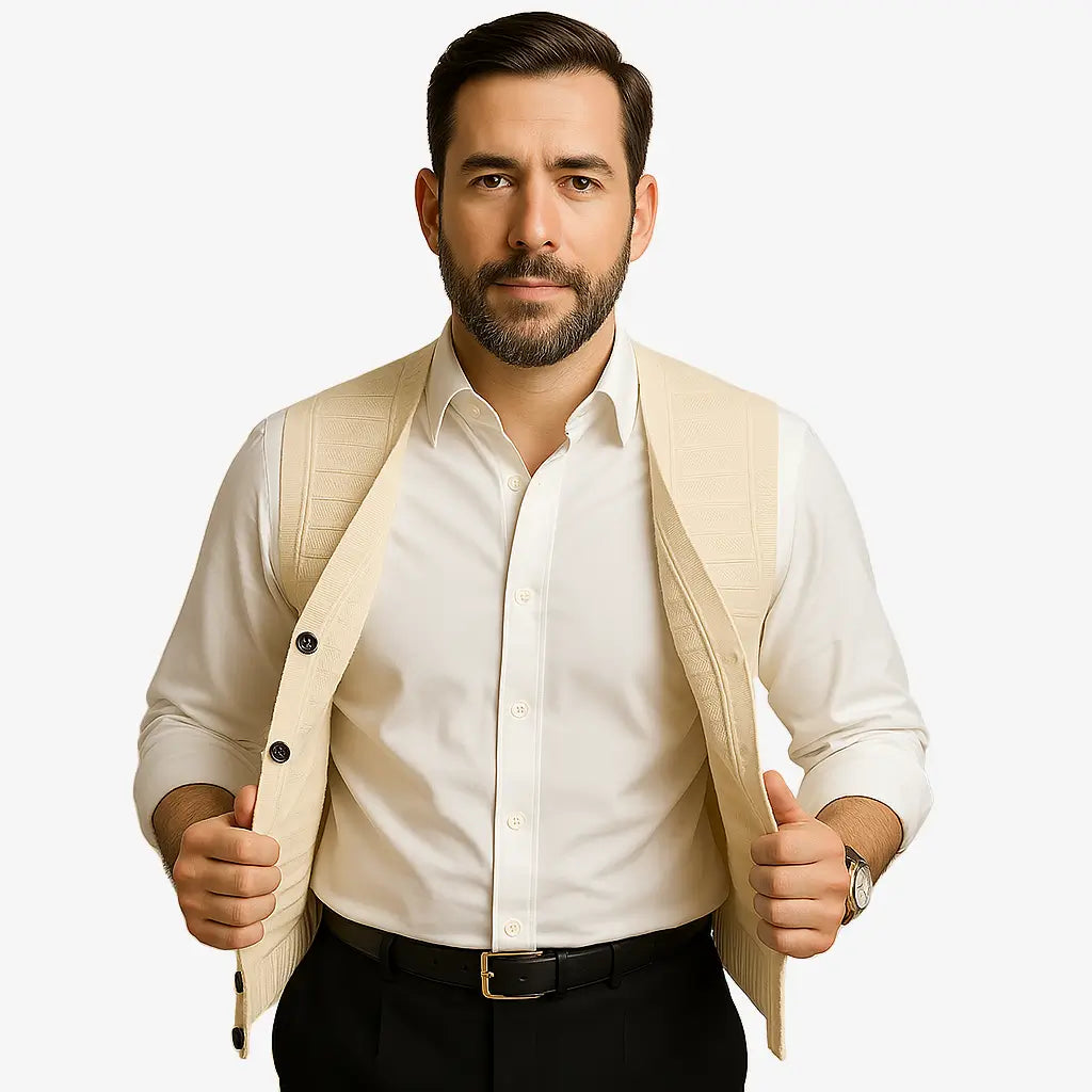 Colete masculino em tricô com gola V e botões. Toque macio e elegante, ideal para sobrepor camisas nos dias frescos de primavera e outono.