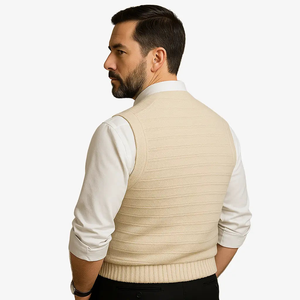 Colete masculino em tricô com gola V e botões. Toque macio e elegante, ideal para sobrepor camisas nos dias frescos de primavera e outono.