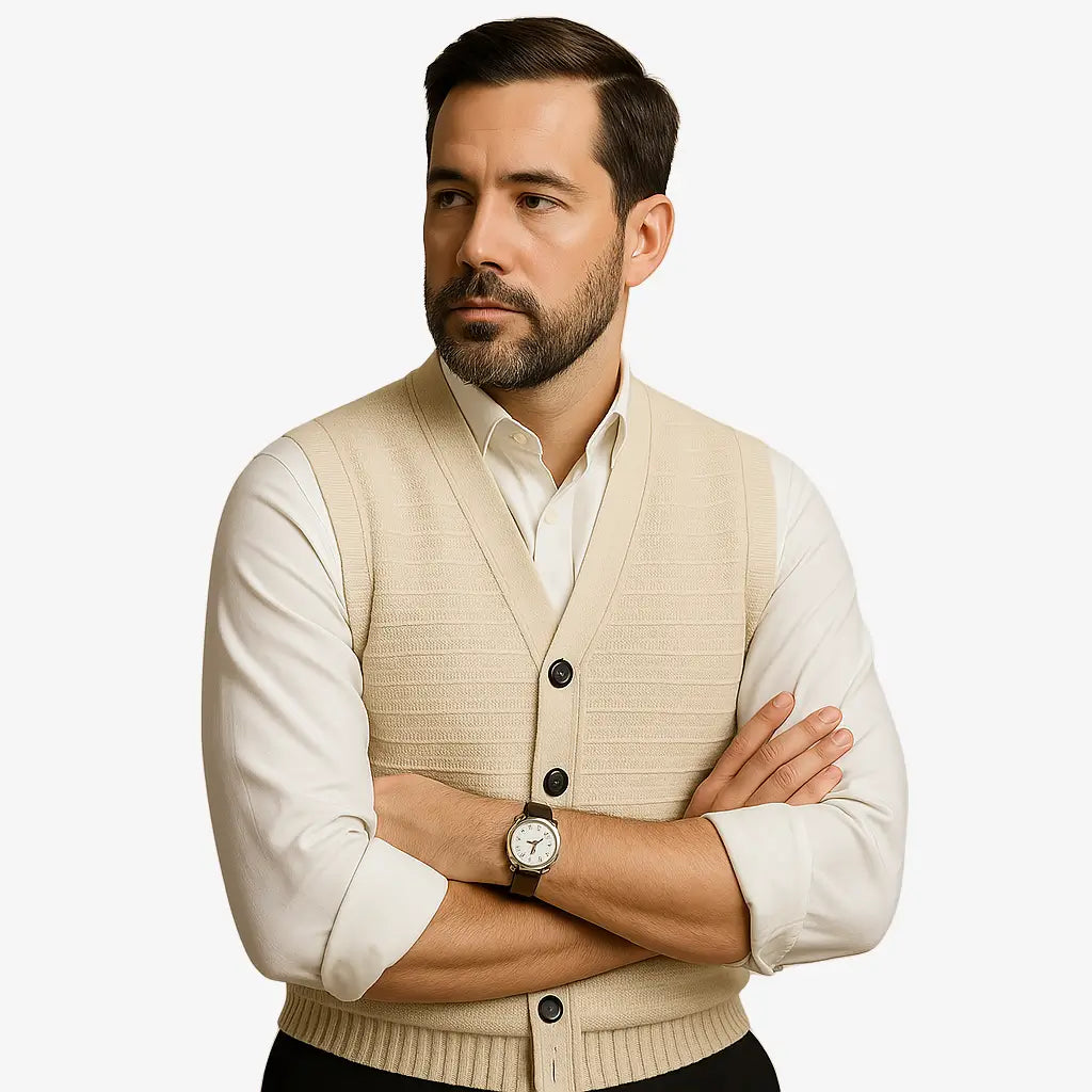 Colete masculino em tricô com gola V e botões. Toque macio e elegante, ideal para sobrepor camisas nos dias frescos de primavera e outono.