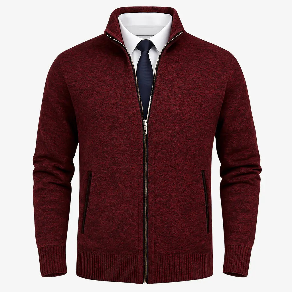 Cardigan masculino com zíper e gola alta. Elegante e versátil, ideal para outono e inverno. Conforto térmico com estilo refinado.