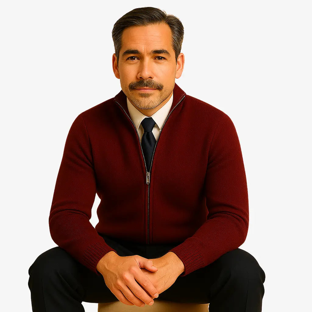 Cardigan masculino com zíper e gola alta. Elegante e versátil, ideal para outono e inverno. Conforto térmico com estilo refinado.
