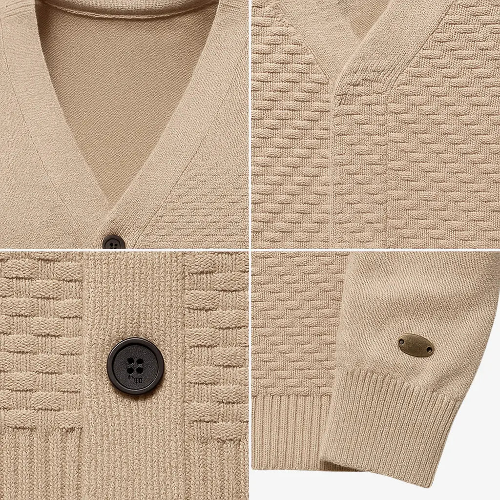 Cardigan masculino gola V com botões e textura elegante. Conforto e estilo clássico para dias amenos de outono e primavera.