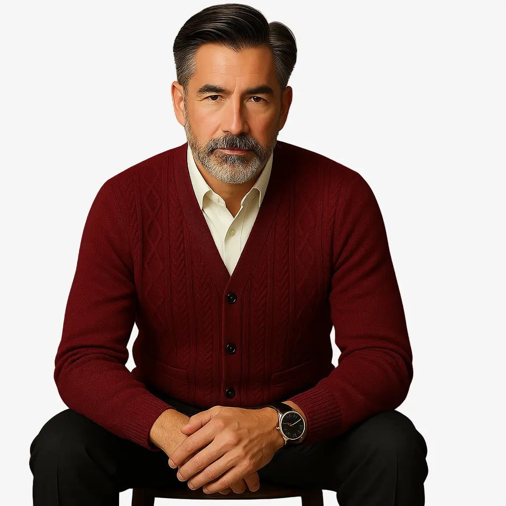 Cardigan masculino azul com gola V e botões. Estilo clássico com textura elegante, ideal para dias frios com sofisticação.